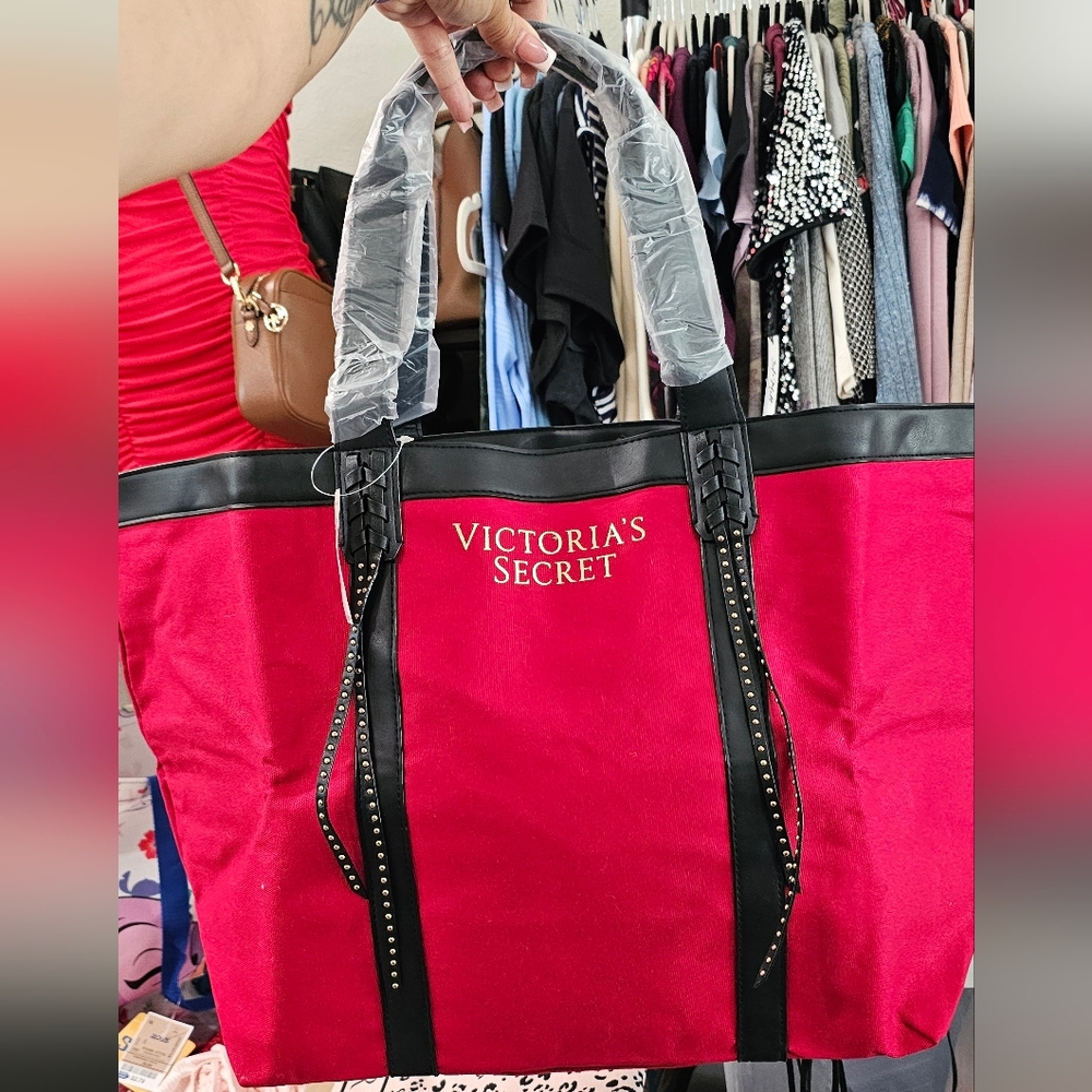 Victoria's Secret Red Tote with Black Trim and Stud Accents